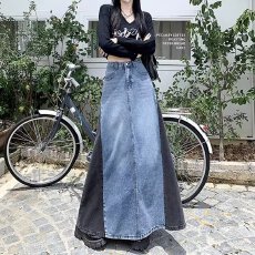 批发复古撞色拼接牛仔中长裙女2024年<b class='q'>春</b>夏新款高腰设计感小众A字裙潮