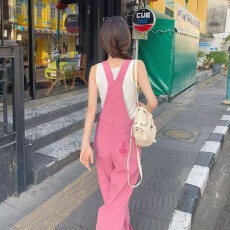 批发粉色复古牛仔背带裤<b class='q'>女</b>夏2026新款高腰显瘦小个子学院风阔腿<b class='q'>连体裤</b>