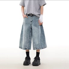 批发水洗蓝闪电纹美式<b class='q'>七分裤</b><b class='q'>男</b>女宽松阔腿牛仔<b class='q'>短裤</b>直筒中裤子