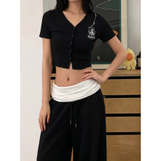 批发美式设计感玫瑰刺绣短袖<b class='q'>T</b><b class='q'>恤</b>女夏季修身显瘦短款爵士跳舞辣妹上衣