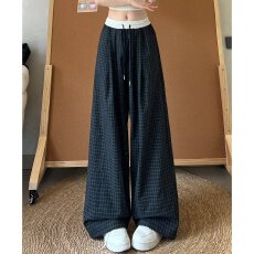 批发美式复古慵懒松弛感格子裤男女夏季宽松垂感情侣阔腿<b class='q'>长裤</b>