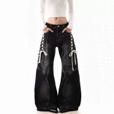 批发美式牛仔忙微喇牛仔裤女款<b class='q'>春</b>秋季显高显瘦裤子痞帅休闲长裤情侣