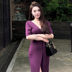 批发人棉#显瘦<b class='q'>连衣裙</b>设计感短袖夏季性感长裙子夏季高级感V领绑带收腰