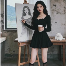 批发赫本风黑色针织连衣裙女秋冬小个子气质收腰短裙大码胖MM法式时尚
