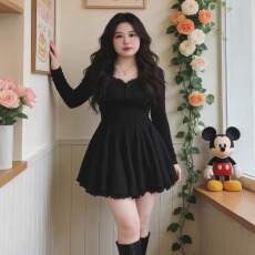 批发大码纯欲辣妹<b class='q'>长袖</b>女胖MM早春收腰显瘦方领连衣裙A字<b class='q'>打底裙</b>蓬蓬裙