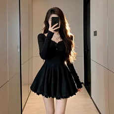 批发收腰小个子蓬蓬裙秋季A字裙性感百搭连衣<b class='q'>短裙</b>女甜美方领蕾丝花边
