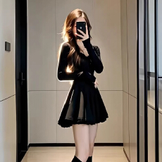 批发秋季A字裙性感百搭连衣短裙女收腰小个子甜美方领蕾丝花边<b class='q'>蓬蓬裙</b>