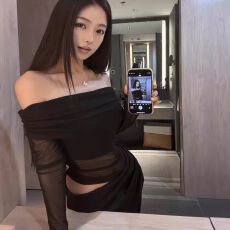 批发原版做法 网纱拼接连衣裙小众礼服<b class='q'>长裙</b>性感黑色网纱一字肩