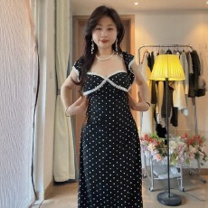 批发原版做法 法式纯欲一字肩波点连衣裙女<b class='q'>夏季</b>胖mm收腰梨形身材