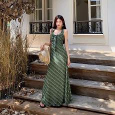 批发原版做法，韩国网+内衬修身显瘦长裙法式温柔风绿格扎染V领连衣裙