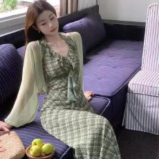 批发原版做法 挂衣裙<b class='q'>夏季</b>修身显瘦裙韩国网+内衬法式御姐风高级绿格纹
