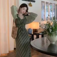 批发原版做法 韩国网+内衬法式御姐风高级绿格纹挂衣裙夏季修身显瘦裙
