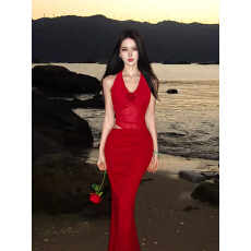 批发原版做法有拉链 红色复古御姐连衣裙法式裙长款夏季网纱挂脖露背