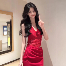 批发原版做法有拉链 法式高级辣妹玫瑰显瘦包臀挂脖露背红色<b class='q'>连衣裙</b>