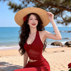 批发原版做法有拉链 法式高级辣妹挂脖露背红色玫瑰显瘦包臀<b class='q'>连衣裙</b>