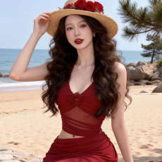 批发原版做法有拉链 显瘦包臀<b class='q'>连衣裙</b>法式高级辣妹挂脖露背红色玫瑰