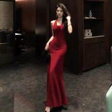 批发原版做法 有胸垫纯欲风辣妹气质带胸垫侧开叉礼服包臀红色长裙子