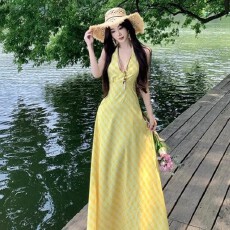 批发原版做法 有胸垫内衬加拉链度假风长裙 连衣裙v领挂脖女夏季温柔