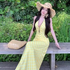 批发原版做法 有胸垫内衬加拉链 温柔度假风长裙连衣裙v领挂脖女夏季