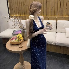 批发原版做法 有胸垫 法式复古V领修身碎花连衣裙女夏季新款碎花长裙