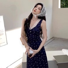 批发原版做法 有胸垫 时尚法式碎花蕾丝连衣裙夏季新款收腰约会长裙