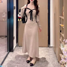 批发原版做法 人棉260克质量纯欲风女秋季名媛修身抹胸包臀长裙连衣裙