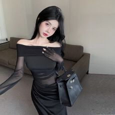 批发原版做法 性感黑色网纱连衣<b class='q'>裙</b>肩小众礼服一字肩网纱拼接长<b class='q'>裙</b>