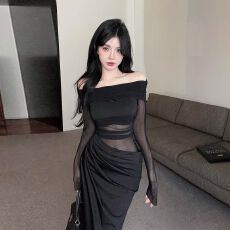 批发原版做法 性感黑色网纱一字肩网纱拼接连衣<b class='q'>裙</b>肩小众礼服长<b class='q'>裙</b>