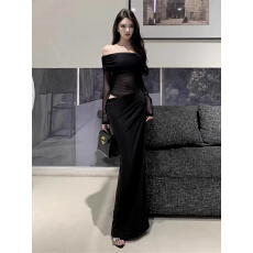 批发原版做法 小众礼服长<b class='q'>裙</b><b class='q'>性感</b>黑色网纱一字肩网纱拼接连衣<b class='q'>裙</b>