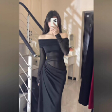 批发原版做法 网纱拼接连衣裙肩小众<b class='q'>礼服</b>长裙性感<b class='q'>黑色</b>网纱一字肩