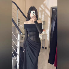 批发原版做法 性感黑色网纱一字肩网纱拼接连衣<b class='q'>裙</b>肩小众礼服长<b class='q'>裙</b>
