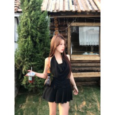 批发原版做法 可拆卸花朵+内衬 露背短款小黑裙性感显瘦纯欲挂脖