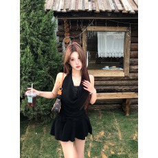 批发原版做法 可拆卸花朵+内衬 露背短款小黑裙性感显瘦纯欲挂脖