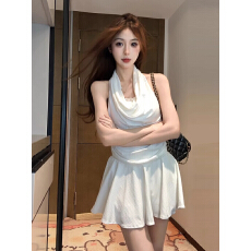 批发原版做法 可拆卸花朵+内衬 连衣裙女气质短裙甜辣妹蕾丝设计挂脖