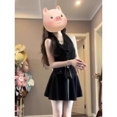 批发原版做法 可拆卸花朵+内衬 纯欲风a字<b class='q'>短裙</b>挂脖修身收腰连衣裙子