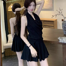 批发原版做法 可拆卸花朵+内衬辣妹黑色挂脖连衣裙 2026夏季新款纯欲