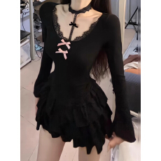 批发<b class='q'>气质</b>黑色蕾丝蝴蝶结连衣裙子女2026秋季新款修身纯欲性感包臀短裙