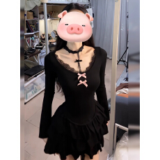 批发女2026秋季新款修身纯欲性感包臀<b class='q'>短裙</b>气质黑色蕾丝蝴蝶结连衣裙子