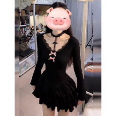 批发子女2026秋季新款修身纯欲性感包臀<b class='q'>短裙</b>气质黑色蕾丝蝴蝶结连衣裙