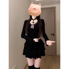 批发长袖连衣裙女秋季小个子包臀裙气质修身<b class='q'>短裙</b>子韩系黑色蕾丝蝴蝶结