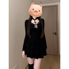 批发韩系黑色蕾丝蝴蝶结长袖连衣裙女秋季小个子包臀裙<b class='q'>气质</b>修身短裙子