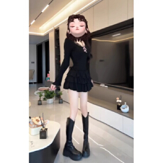 批发女秋冬2026新款设计感辣妹裙子纯欲性感黑色蕾丝蝴蝶结挂脖连衣裙