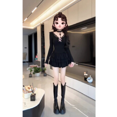 批发连衣裙女秋冬2026新款设计感辣妹裙子纯欲性感黑色蕾丝蝴蝶结挂脖