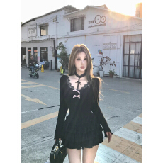 批发纯欲性感黑色蕾丝蝴蝶结连衣裙子修身内搭包臀短裙女秋<b class='q'>冬</b>2026新款
