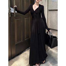 批发女装春季新款高级感收腰显瘦包臀长裙子御姐风性感V领<b class='q'>长袖</b><b class='q'>连衣裙</b>