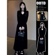 批发法式赫本风黑色针织连衣裙子女早春季2026新款高级感<b class='q'>气质</b>收腰长裙