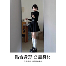 批发女秋冬季微胖掐腰裙千金miu系穿搭<b class='q'>短裙</b>子黑色大衣内搭连衣裙加绒