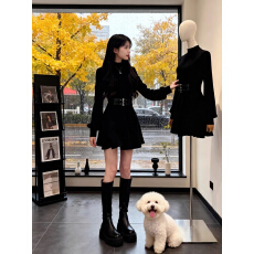 批发针织连衣裙女收腰秋<b class='q'>冬</b>miu系穿搭掐腰短裙子法式高级感千金风黑色
