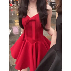 批发原版做法 高级感收腰气质红色短裙法式千金风蝴蝶结吊带连衣裙