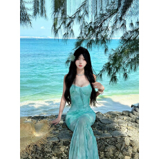 批发原版做法可拆卸胸垫2026法式绿色印花网纱海边度假性感显瘦<b class='q'>沙滩</b>裙